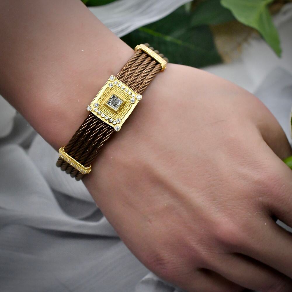 Philippe Charriol 18K Gold Diamond 5 Row Bronze Steel Cable Bangle Cuff Bracelet